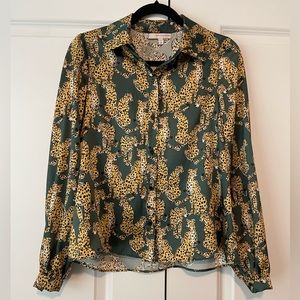 Lavender Brown Cheetah Print Button Down Blouse Sz XS